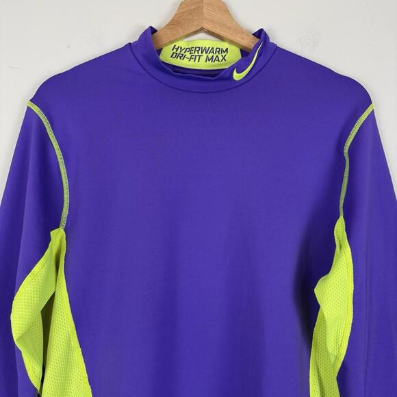 Nike Pro Combat Hyperwarm Dri-Fit Max Shirt Purple Neon Yellow Size L Fitted Y2K - Picture 3 of 8
